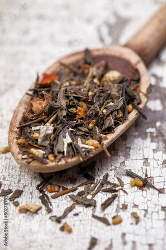 Tea leaves on vintage spoon