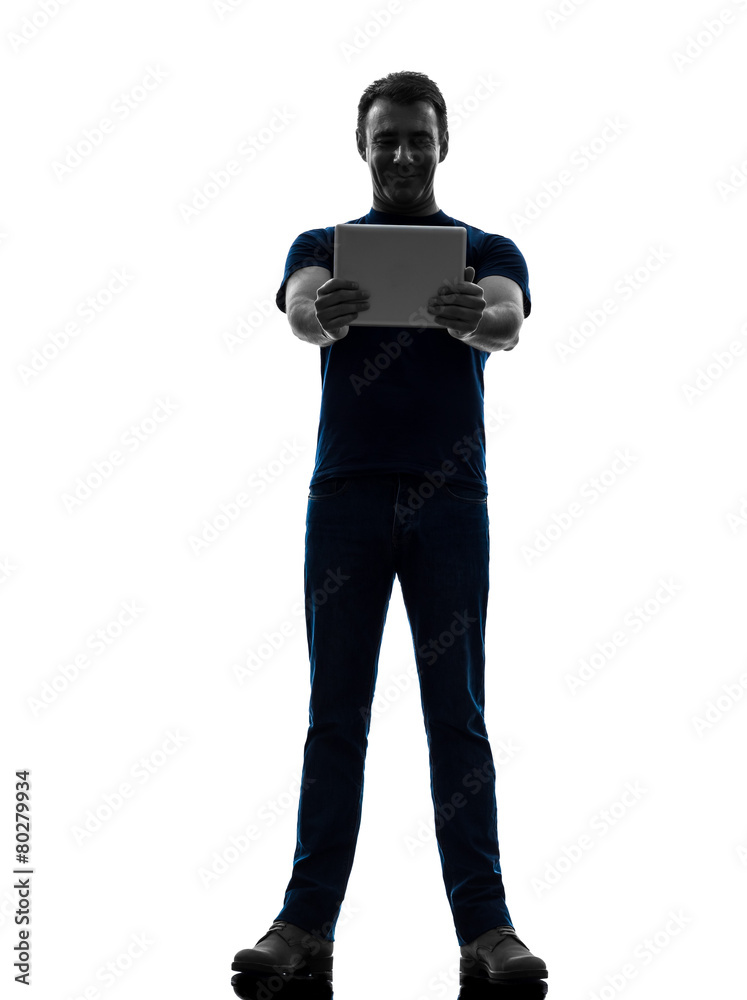 man holding watching digital tablet silhouette man holding watching digital tablet silhouette