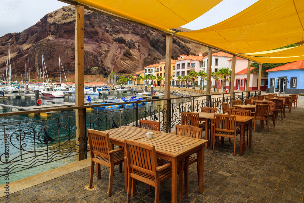 Reataurant tables in beutiful port, Madeira island, Portugal