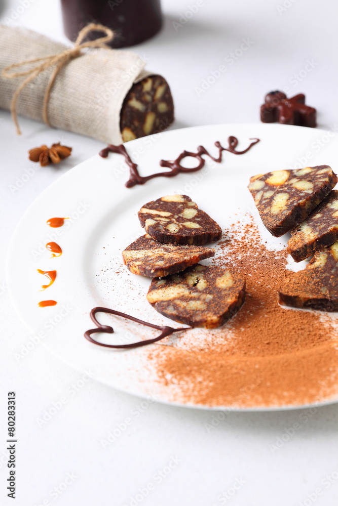 chocolate sausage with decorations chocolate sausage with decorations