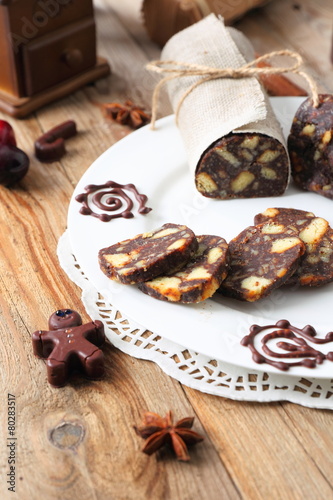 chocolate sausage with decorations