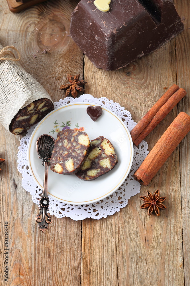 chocolate sausage with decorations chocolate sausage with decorations