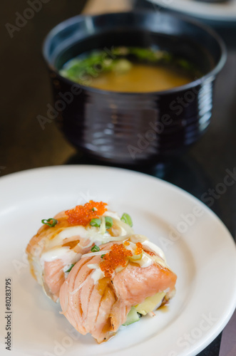Salmon roll sushi and soup