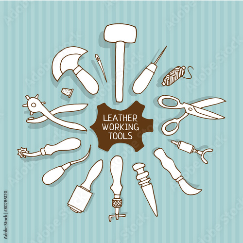 Hand drawn Leather working tools vector illustration