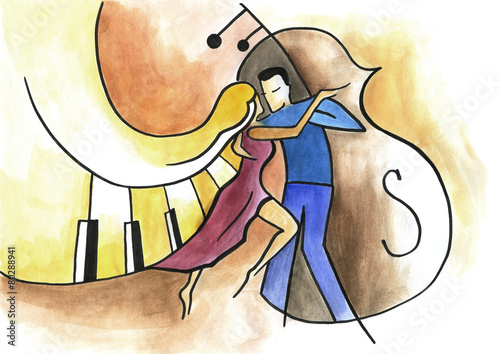 Canvas Print Abstract art design with dancing couple, piano and contra-bass