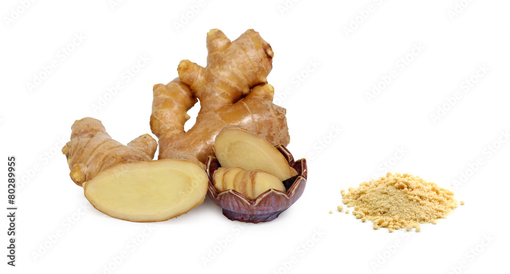 ginger with powder isolated on white background ginger with powder isolated on white background