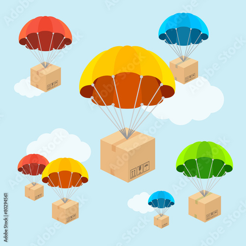 Vector parachute fly with clouds. Flat Design