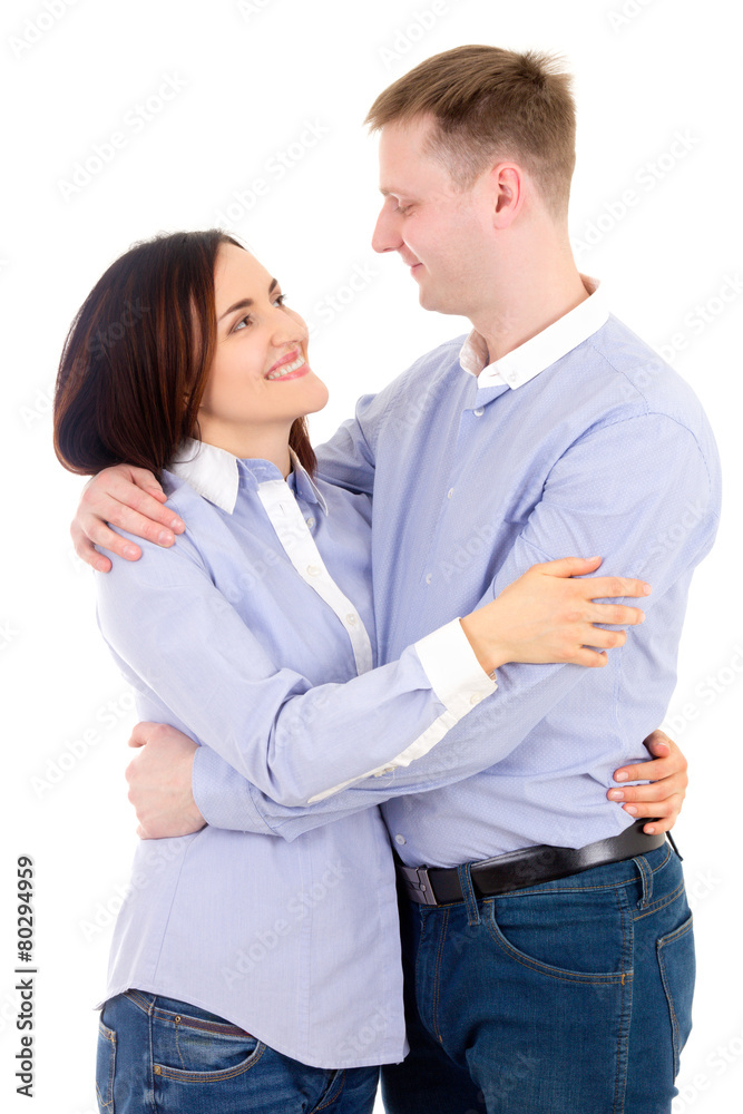 happy young man and woman hugging isolated on white happy young man and woman hugging isolated on white