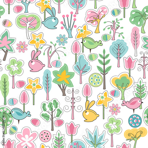 Seamless pattern with rabbits and spring trees