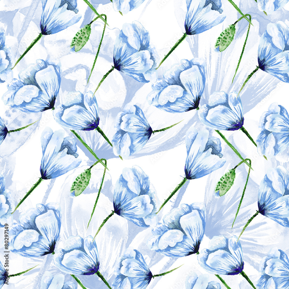Blue watercolor poppy pattern