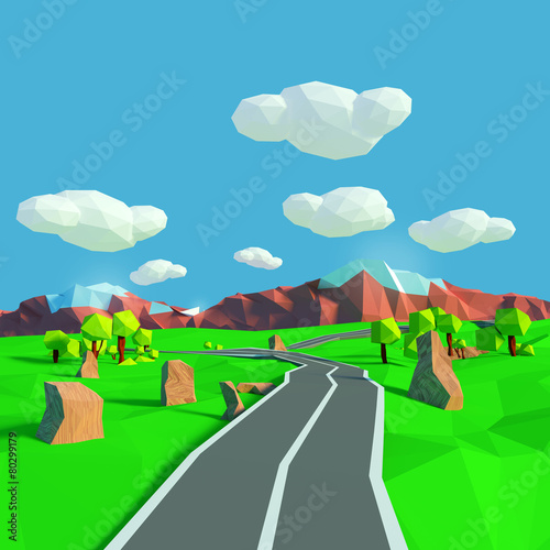 Kleine Landschaft mit Straße in Richtung der Berge