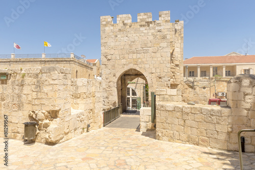 The ancient city walls and towers in the old Jerusalem