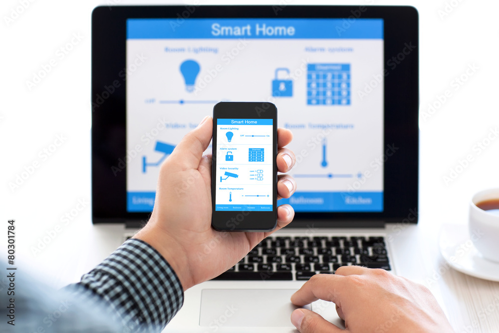 man holding phone with program smart home on the screen