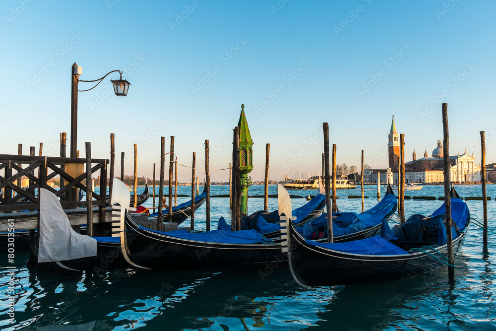 charterage gondolas parked in Canale di San Marco, Piazza San Ma