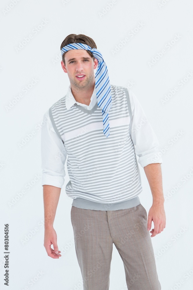 Geeky man with tie on his head