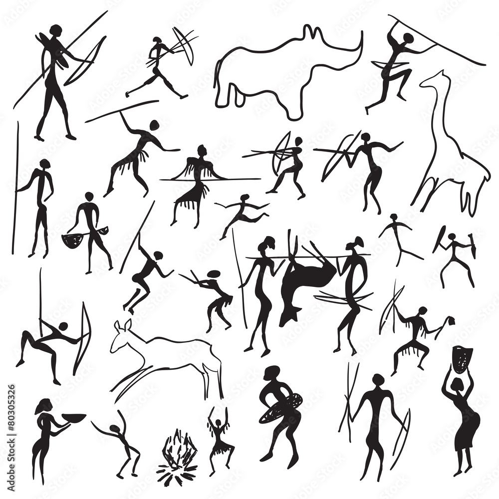 set of vector rock paintings with scenes of hunting and life set of vector rock paintings with scenes of hunting and life