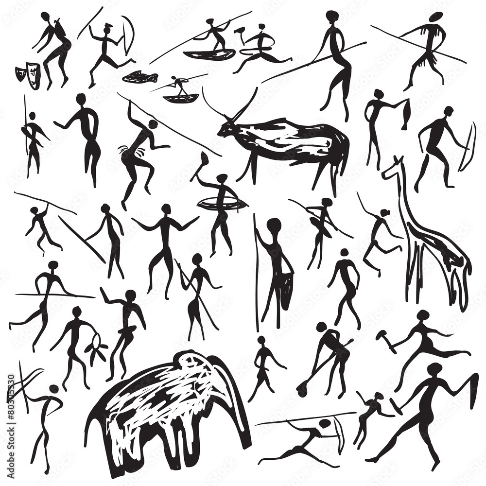 Fototapeta premium set of vector rock paintings with scenes of hunting and life