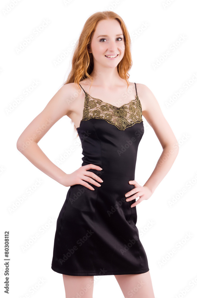 A girl in elegant black mini dress isolated on white A girl in elegant black mini dress isolated on white