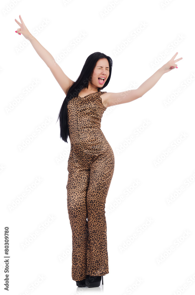 Young model in leopard prints suit isolated on white Young model in leopard prints suit isolated on white