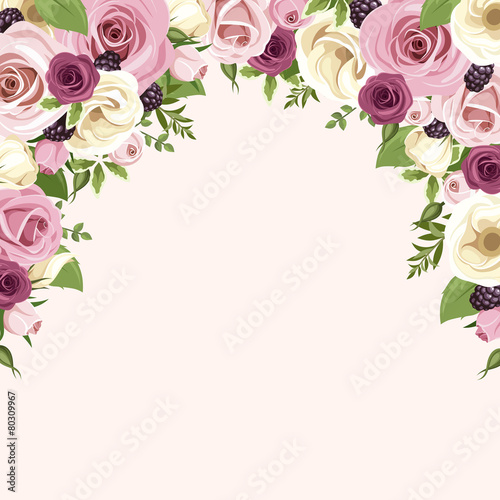 Background with pink and white roses and lisianthus flowers.