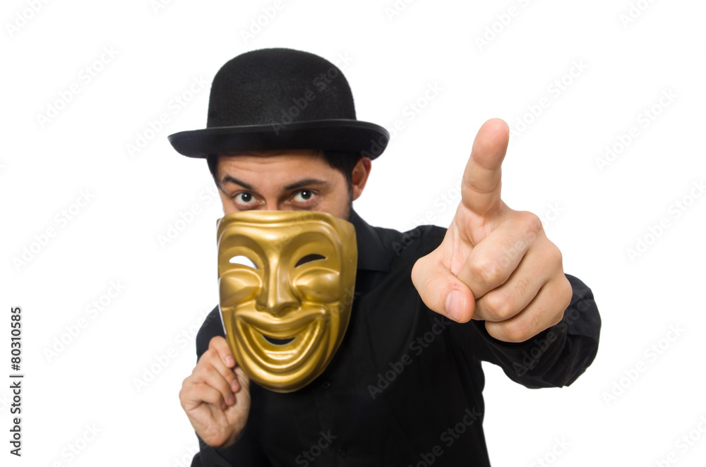 Young man with golden Venetian mask isolated on white