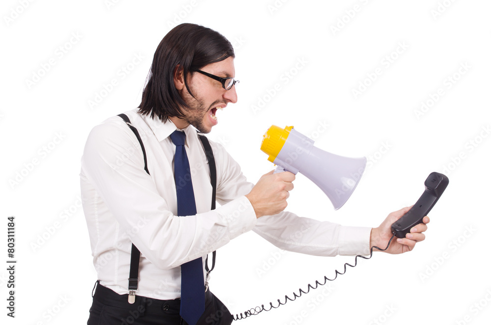Angry businessman with phone isolated on white Angry businessman with phone isolated on white