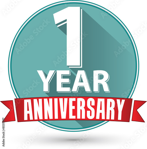 Flat design 1 year anniversary label with red ribbon, vector ill
