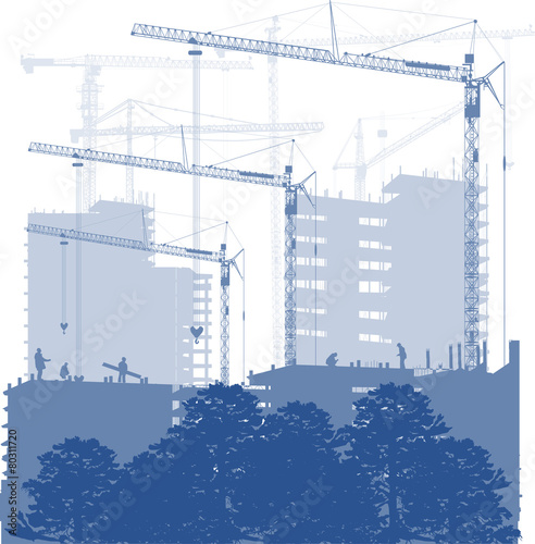 house building and cranes blue illustration