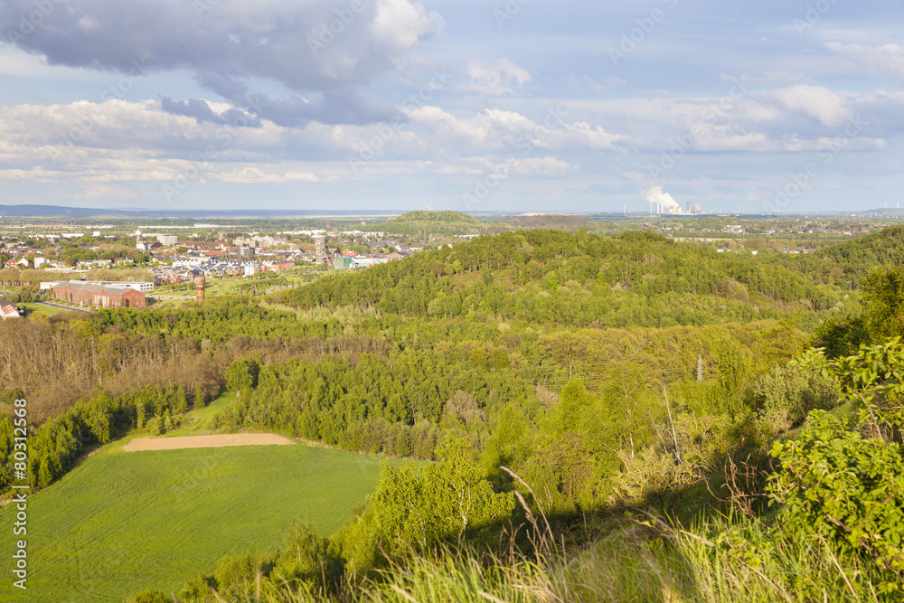 Naklejka premium Distant Power Station in Green Landscape