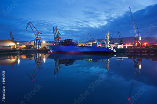 dock with cranes and ship at night © mimadeo
