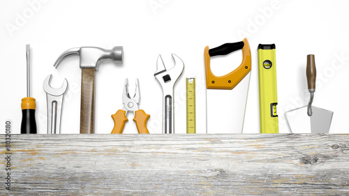 Various tools and wood with copy-space, isolated on white