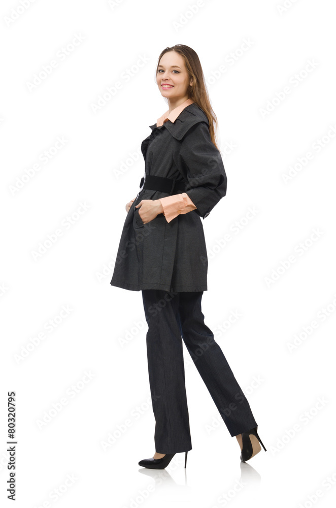 Cute girl in warm dark coat isolated on white Cute girl in warm dark coat isolated on white