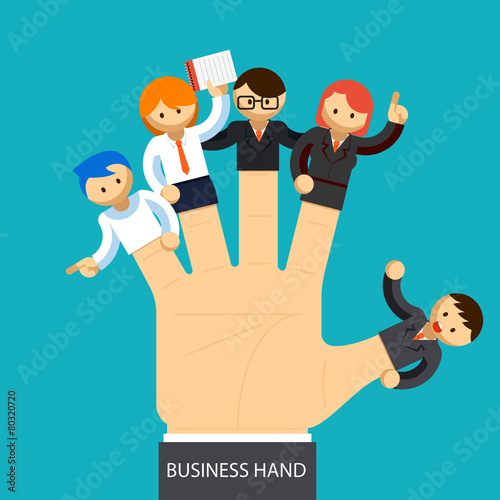 Business hand. Open hand with employee on fingers. Management