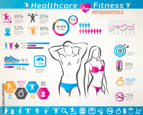 fitness and wellness infographcs, active  people icons set