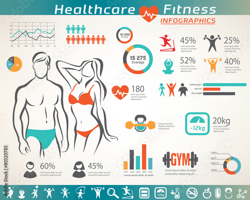 fitness and wellness infographcs, active  people icons set