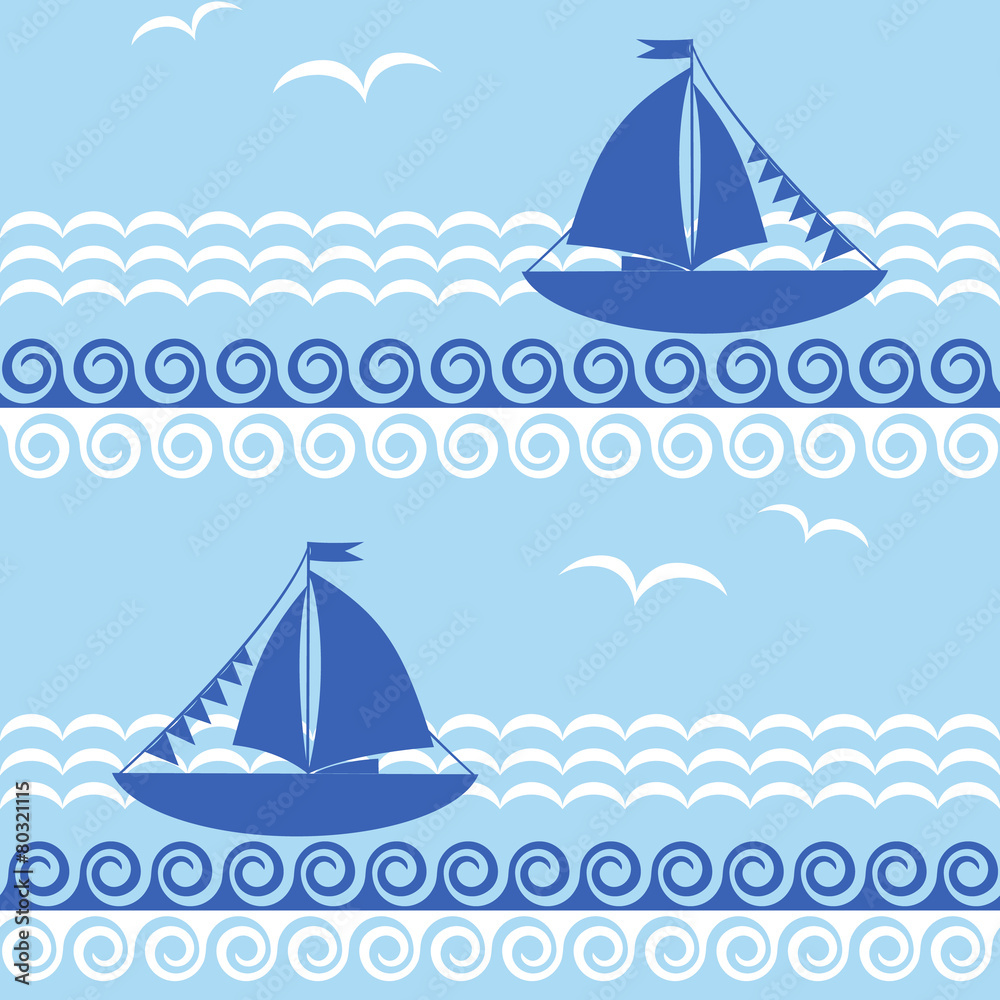 Seamless pattern with sailboat and waves