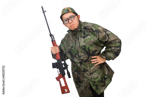 Military man with a gun isolated on white