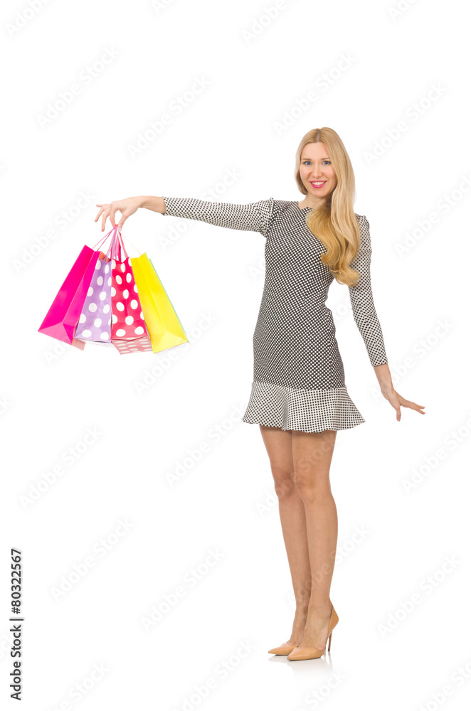Young woman after shopping isolated on the white Young woman after shopping isolated on the white