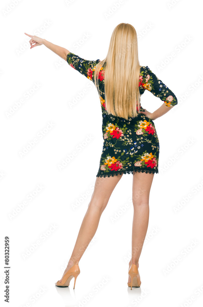 Woman in dark green floral dress isolated on white Woman in dark green floral dress isolated on white
