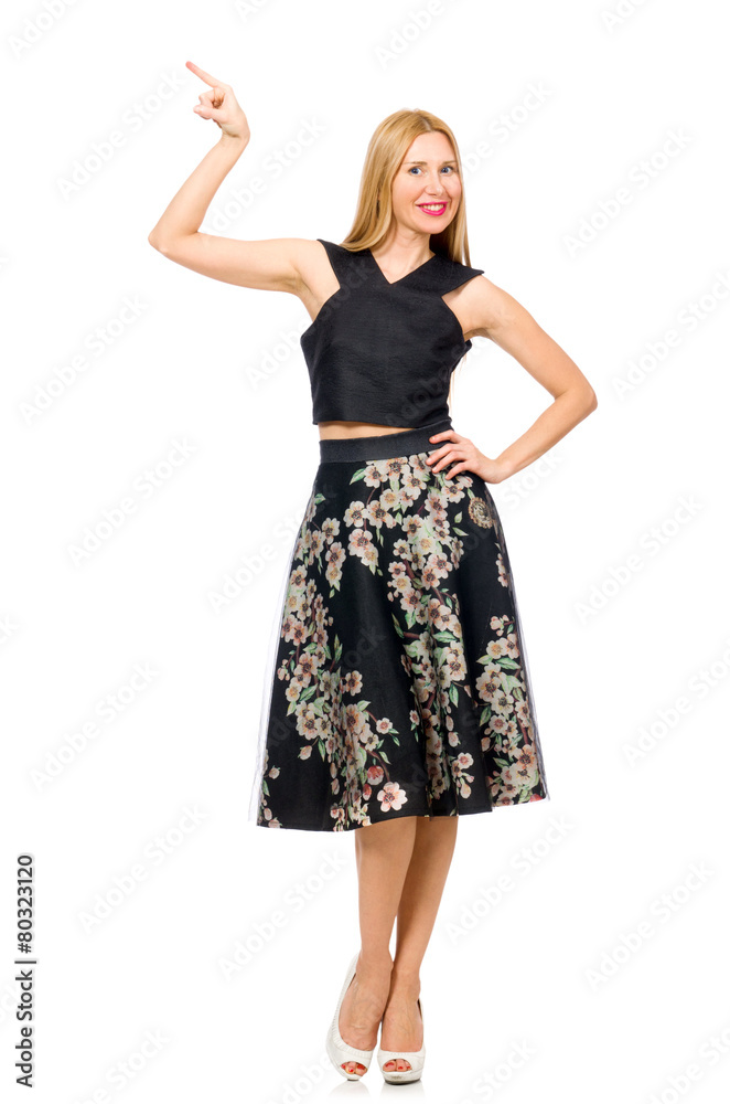 Woman in floral dark skirt isolated on white Woman in floral dark skirt isolated on white