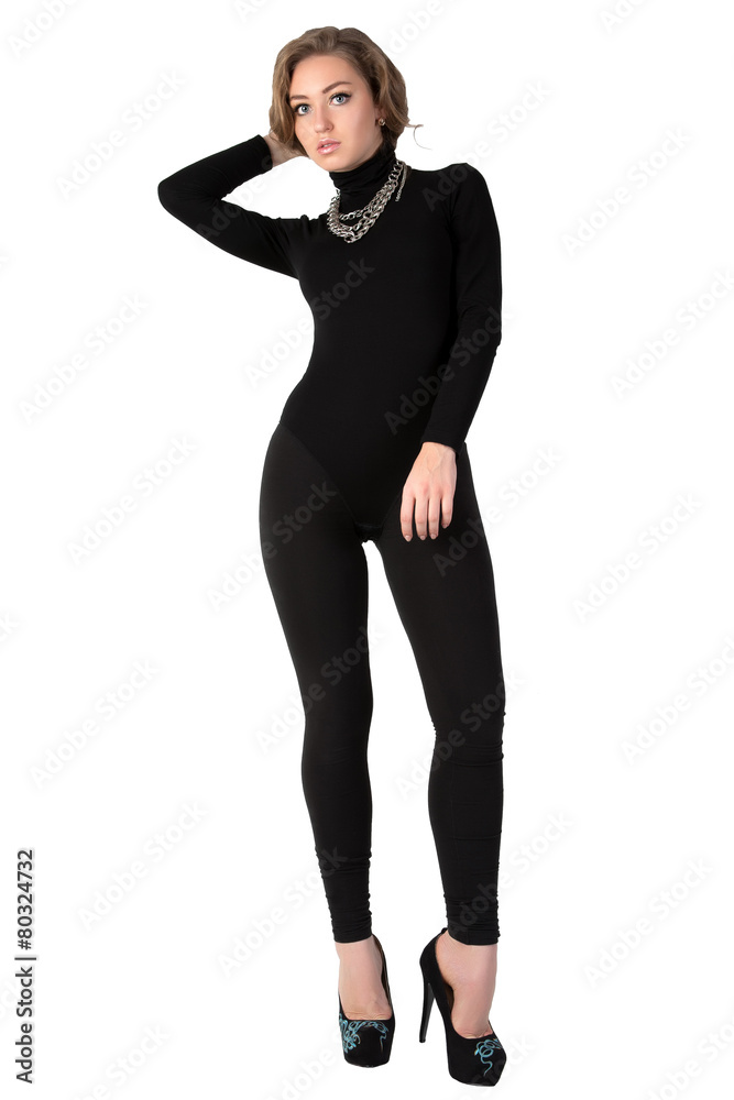 Fototapeta premium Woman in a black suit. Isolation on a white background.