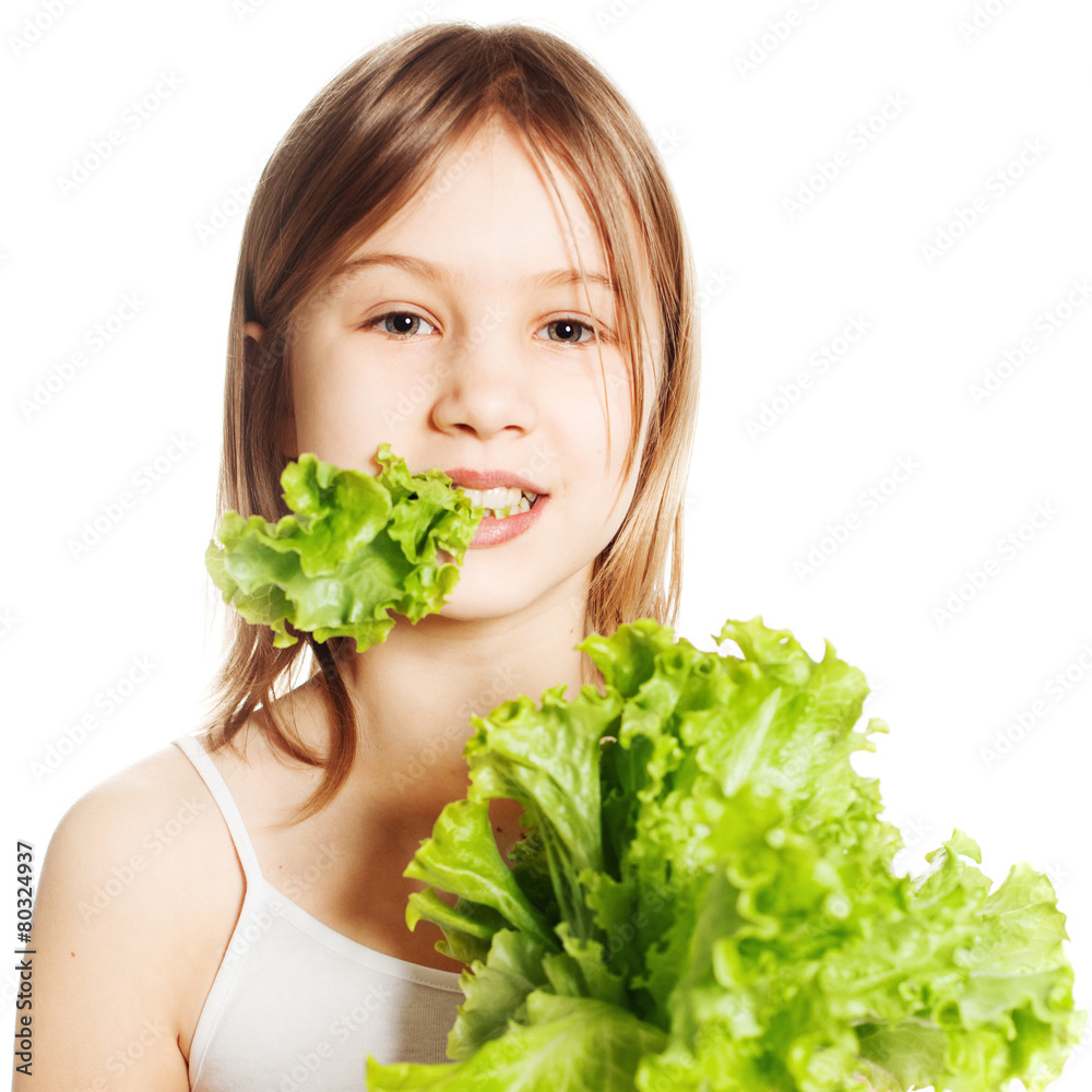 Healthy Eating concept. Young Girl with green Lettuce Healthy Eating concept. Young Girl with green Lettuce