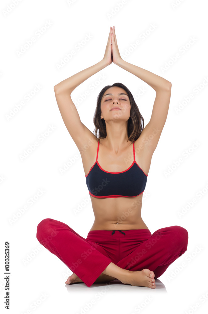 Young woman doing sport exercises isolated on white Young woman doing sport exercises isolated on white