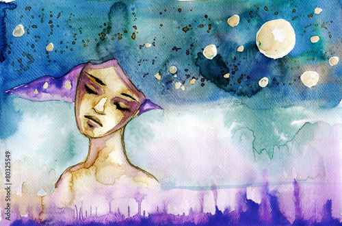 abstract watercolor illustration depicting a portrait of a woman