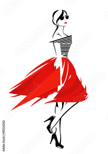 fashionista girl in red skirt and striped top