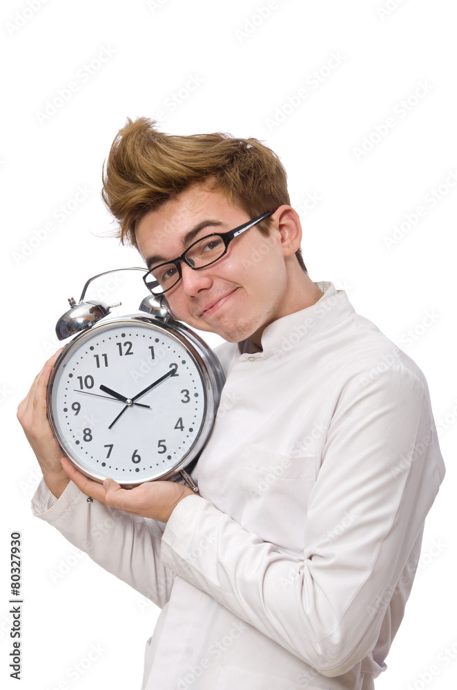 Funny doctor with alarm clock isolated on white Funny doctor with alarm clock isolated on white