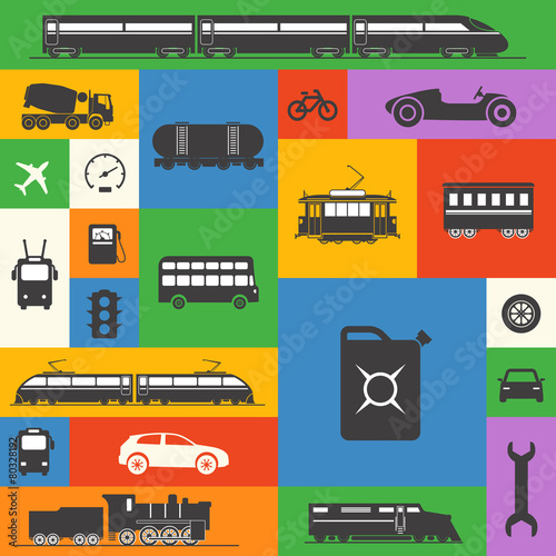 Vintage and modern vehicle silhouettes collection on color squar