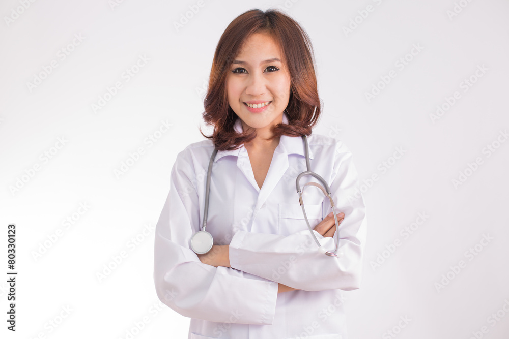 Asian medicine doctor woman, closeup portrait on white backgroun Asian medicine doctor woman, closeup portrait on white backgroun