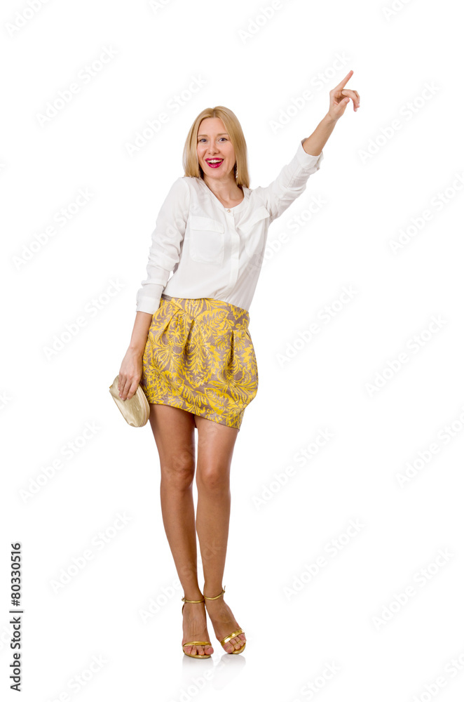 Woman pressing virtual button isolated on white Woman pressing virtual button isolated on white