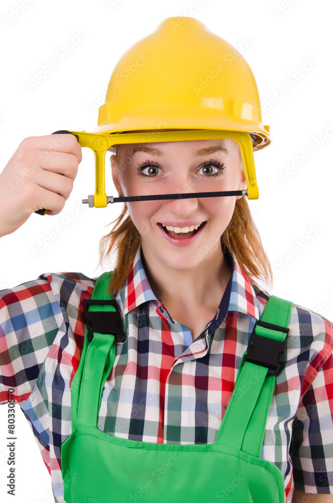 Female handyman in overalls isolated on white